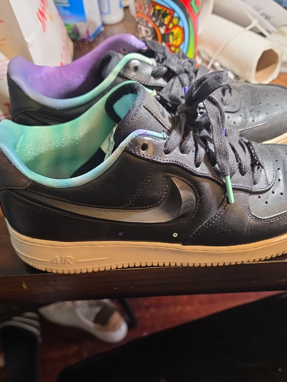 Nike  Mens  Leather 100 Black Sneakers with Teal & Purple Lining